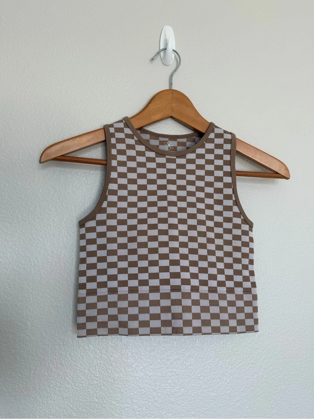 Ribbed Knit Neutral Checkered Crop Tank